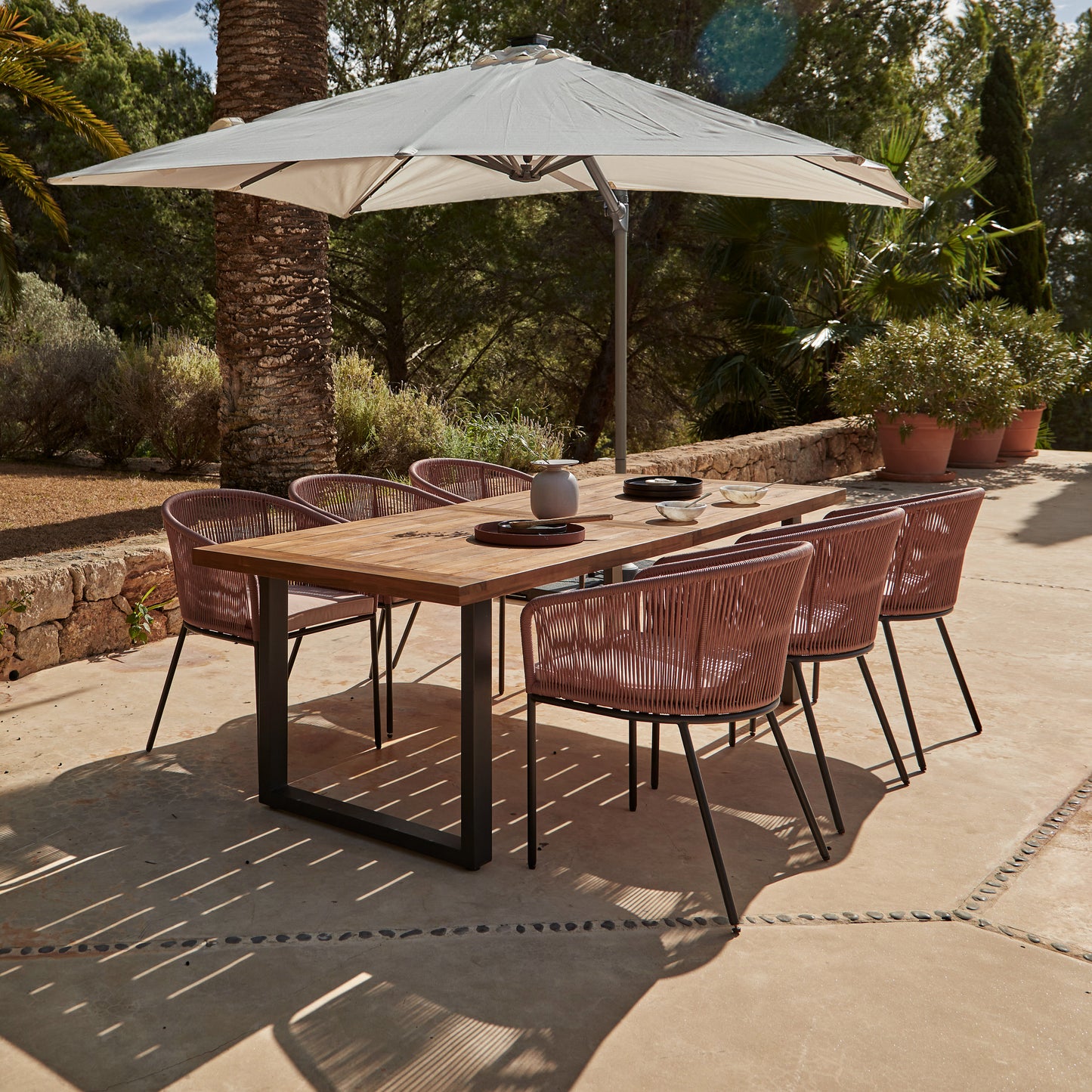 Hali 6 Seater Wooden Outdoor Dining Set with Hali Pink Chairs & Cream Premium Cantilever Parasol - 235cm