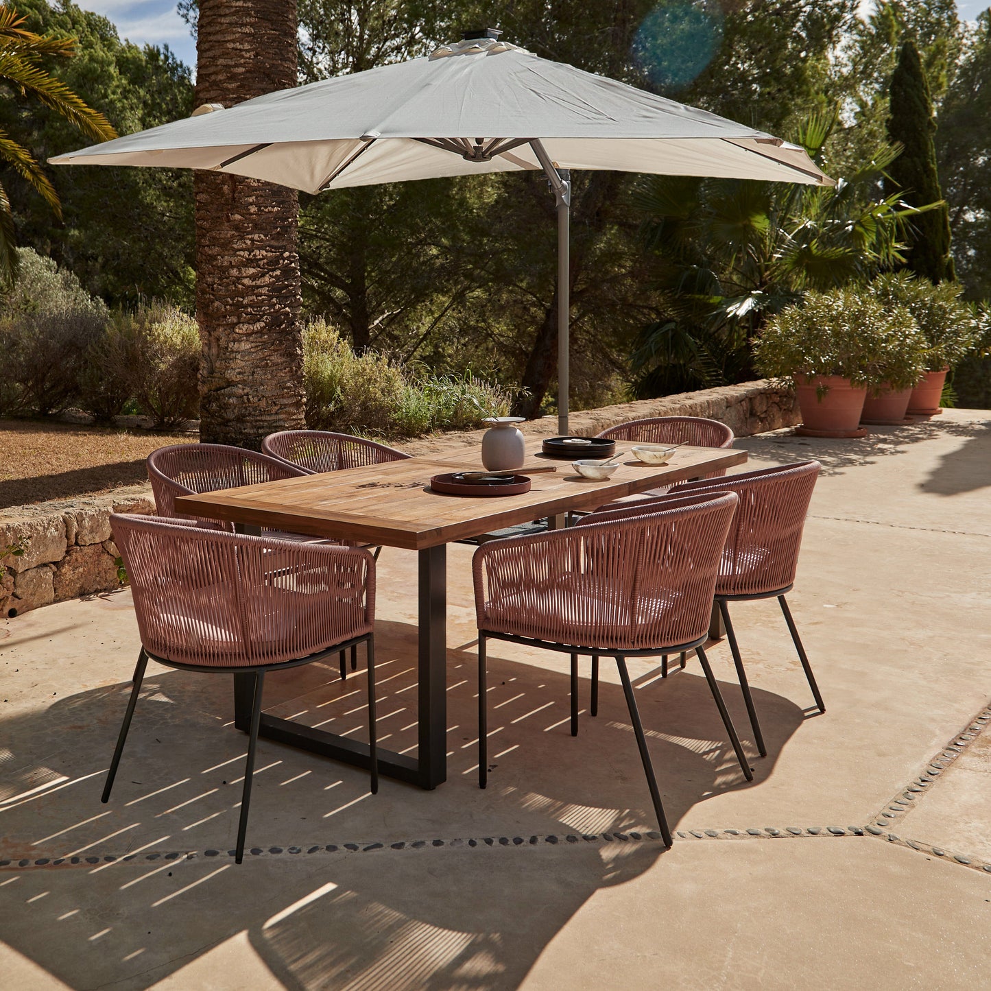 Hali 6 Seater Wooden Outdoor Dining Set with Hali Pink Chairs & Cream LED Premium Cantilever Parasol - 175cm