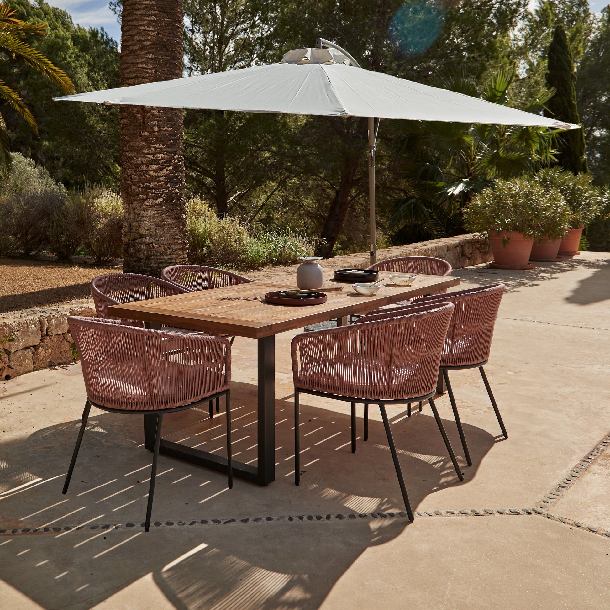 Hali 6 Seater Wooden Outdoor Dining Set with Hali Pink Chairs & Cream Lean Over Parasol - 175cm