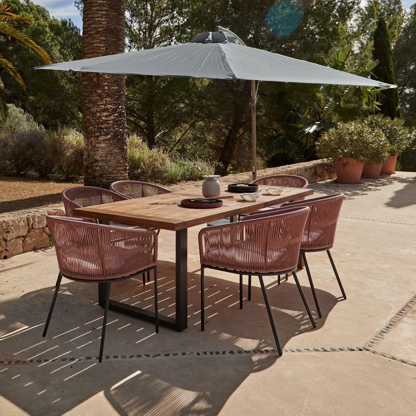 Hali 6 Seater Wooden Outdoor Dining Set with Hali Pink Chairs & Grey Lean Over Parasol - 175cm