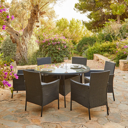 Kemble 6 Seater Rattan Round Outdoor Dining Table Set in Black - Rattan Garden Furniture - Laura James