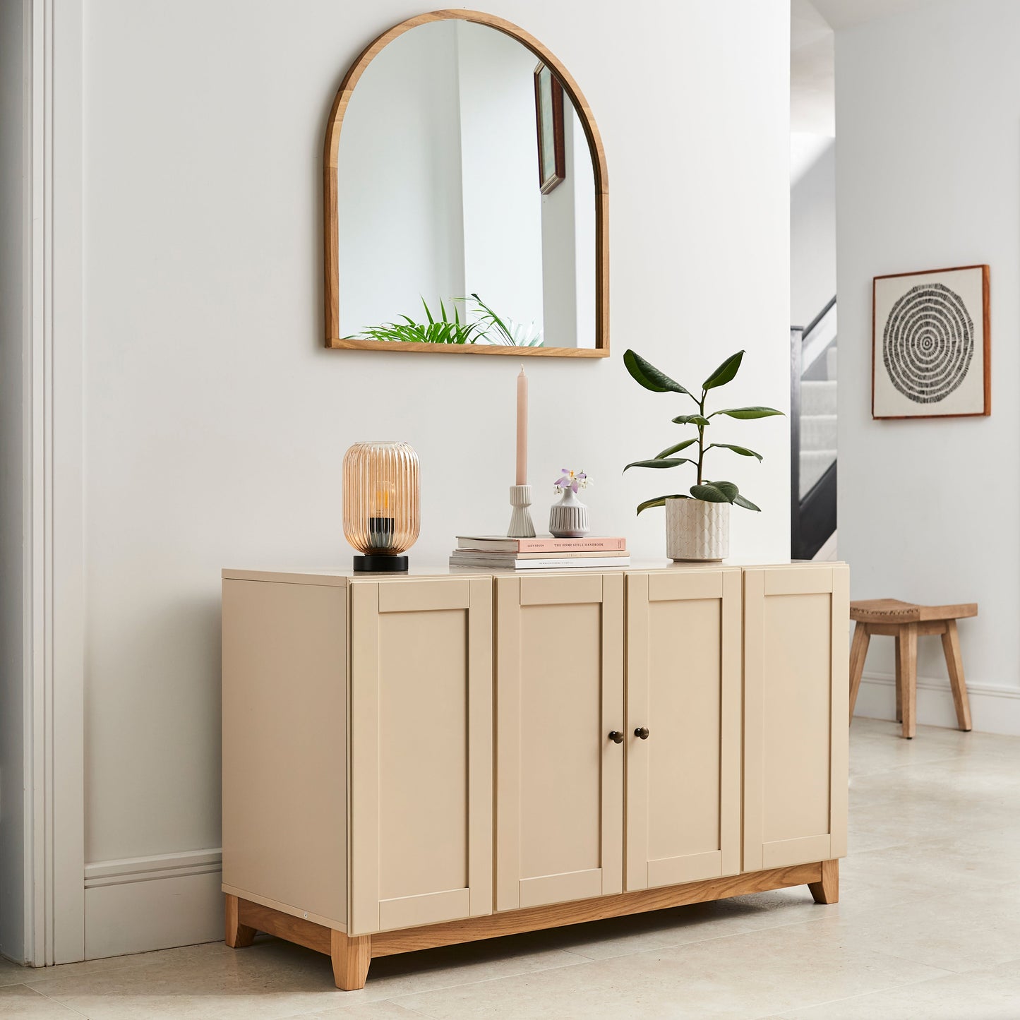 Morgan 2 door sideboard with Elland Light, Umari Wall Art and Shiro Stool - Laura James 