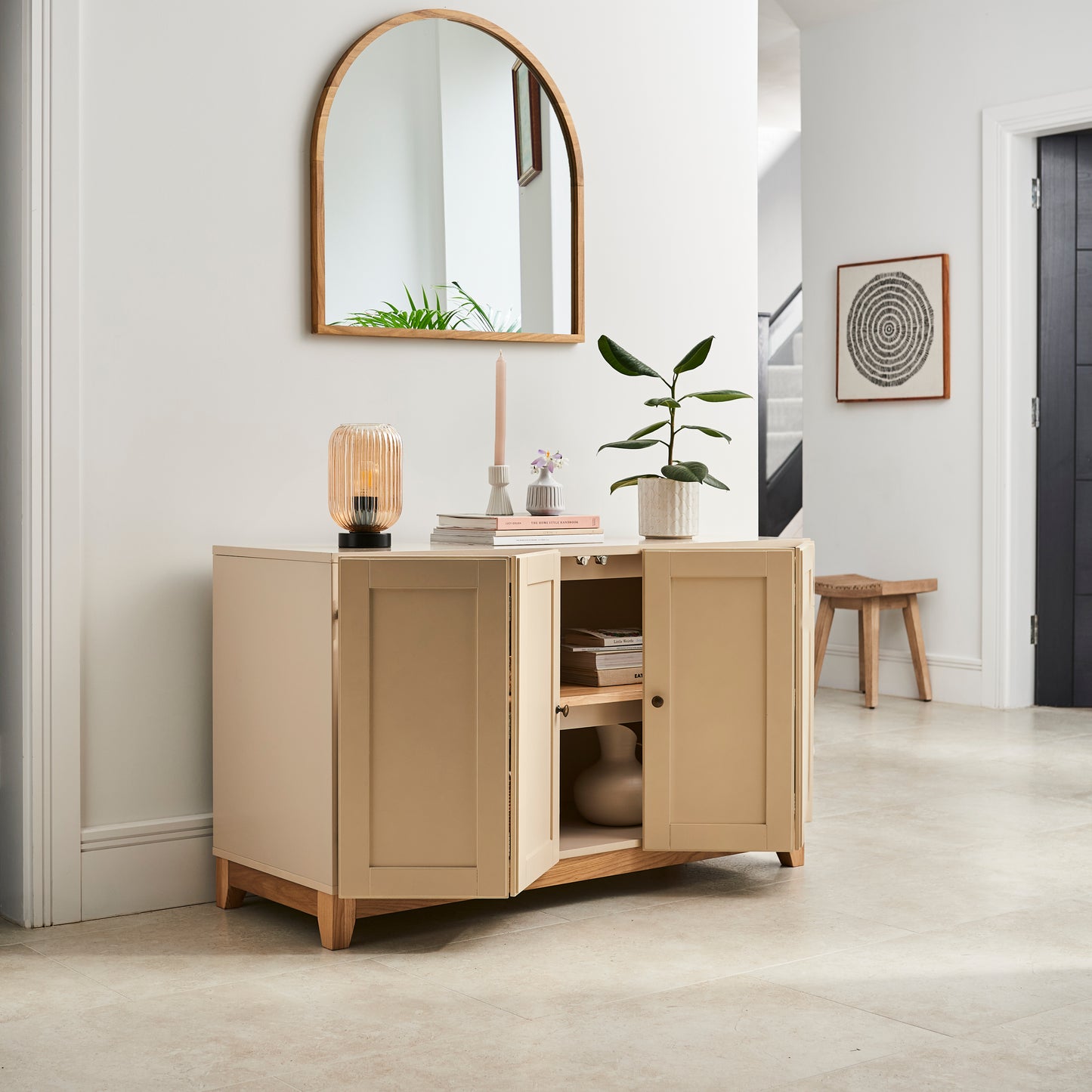 Morgan 2 door sideboard with Elland Light, Umari Wall Art and Shiro Stool - Laura James 