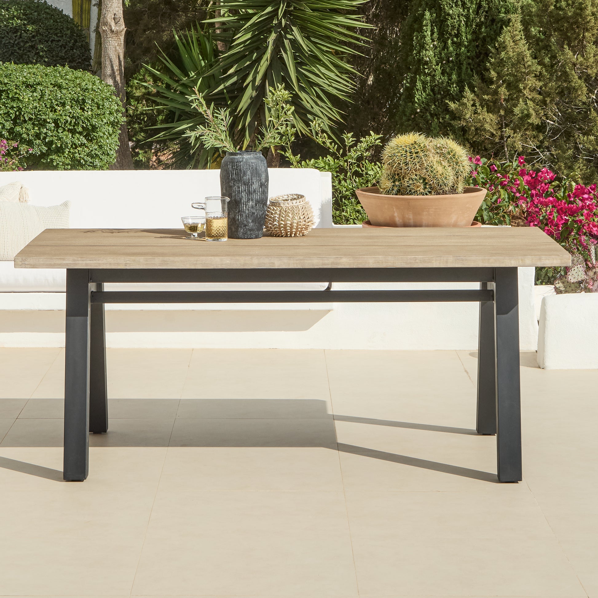 Palm Wooden Garden Table - Brushed Light Acacia and Black Steel - Laura James