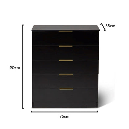 Essie Black Chest of 5 Drawers with Gold Handles by Laura James