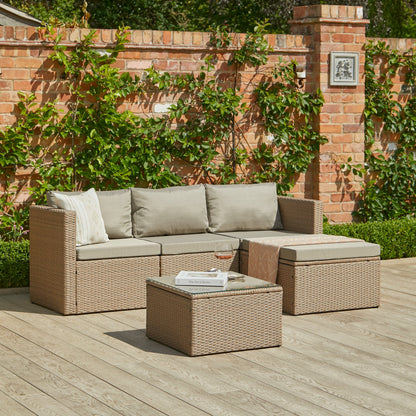 Weston 4 Seater Rattan Garden Corner Sofa Set with Cream Lean Over Parasol - Natural Weave