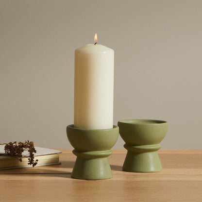 Ackton 9cm Ceramic Pillar Candle Holder Set of 2 - Sage Green - Laura James