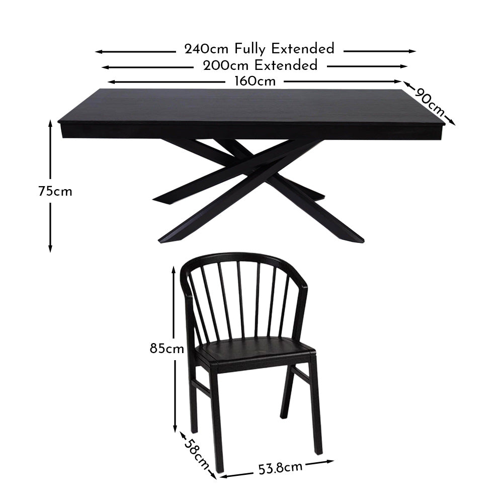 Amelia Black Extendable Dining Table Set - 6 Seater - Mabel Black Spindle Back Chairs