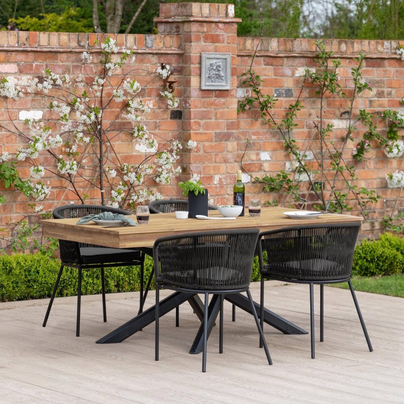 Amelia 4 Seater Natural Wood Black Legs Garden Dining Set - Hali Black ...