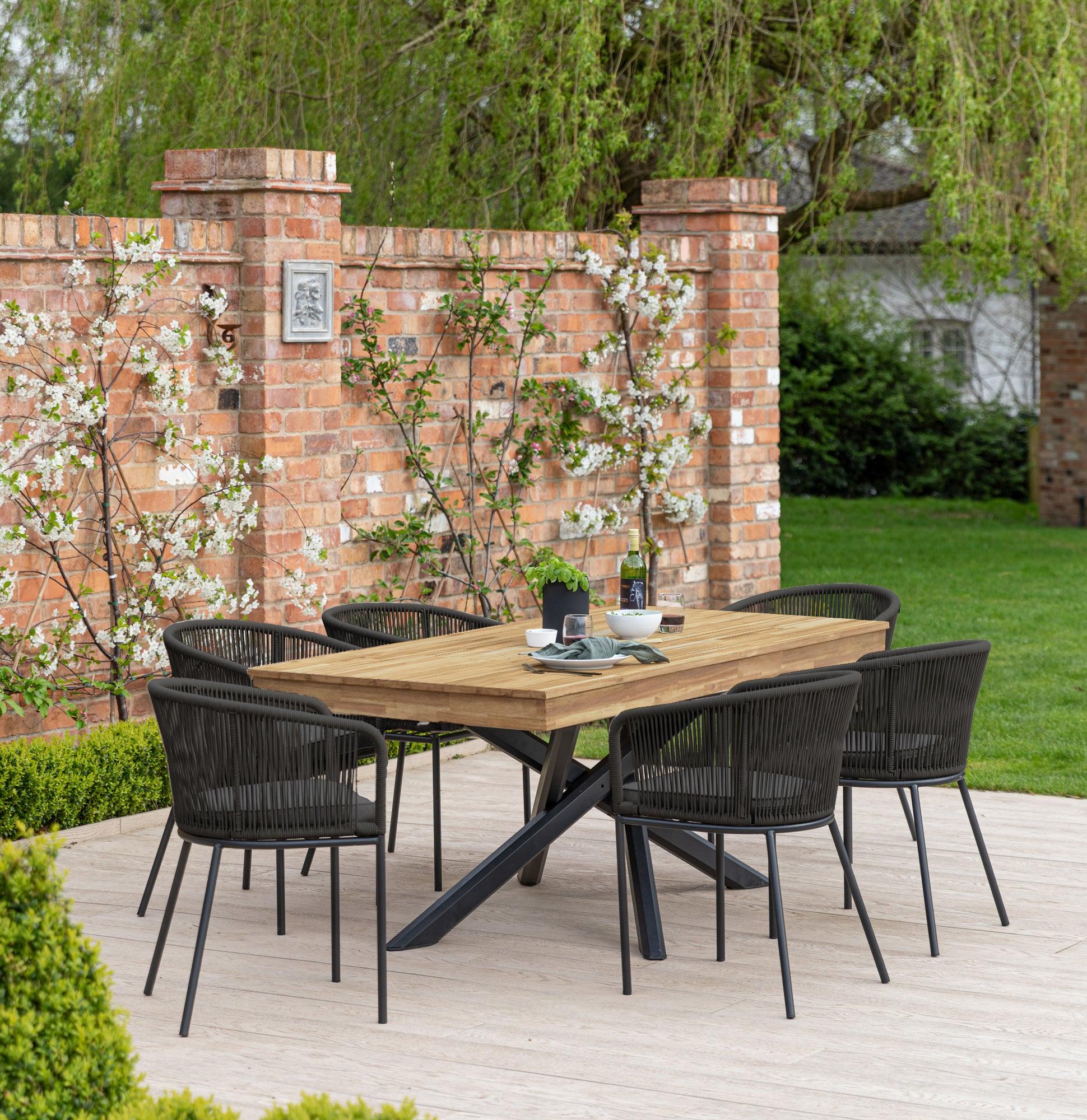 Amelia 6 Seater Natural Wood Black Legs Garden Dining Set - Hali Black Chairs