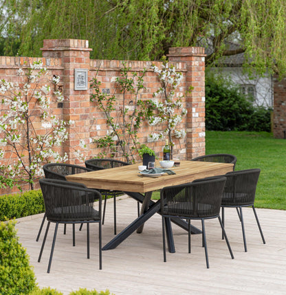 Amelia 6 Seater Natural Wood Black Legs Garden Dining Set - Hali Black Chairs