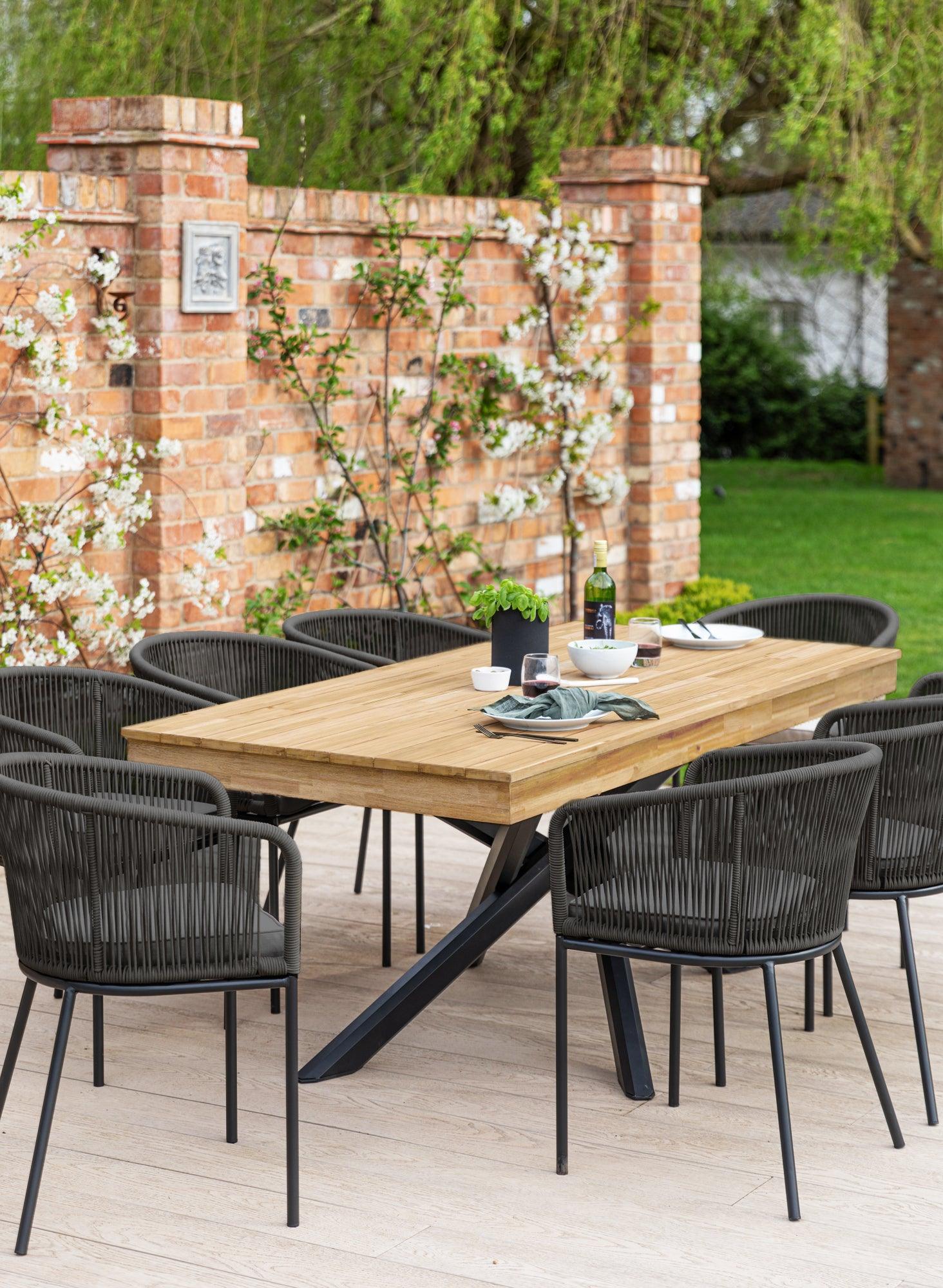 Amelia 6 Seater Natural Wood Black Legs Garden Dining Set - Hali Black Chairs