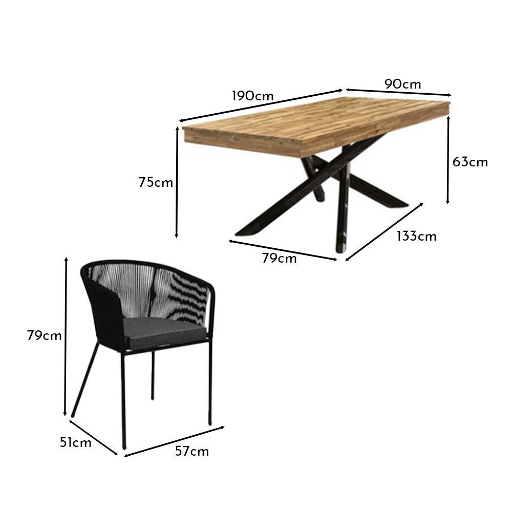 Amelia 6 Seater Natural Wood Black Legs Garden Dining Set - Hali Black Chairs