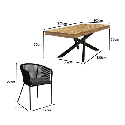 Amelia 6 Seater Natural Wood Black Legs Garden Dining Set - Hali Black Chairs