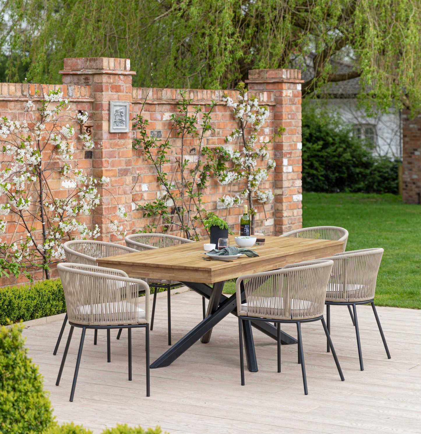 Amelia 6 Seater Natural Wood Black Legs Garden Dining Set - Hali Natural Chairs - Laura James