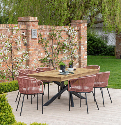 Amelia 6 Seater Natural Wood Black Legs Garden Dining Set - Hali Pink Chairs - Laura James