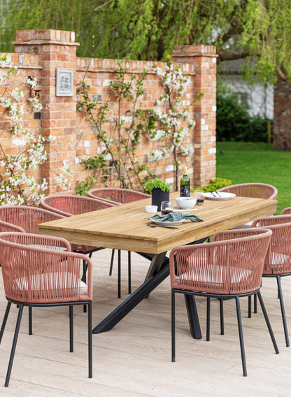 Amelia 6 Seater Natural Wood Black Legs Garden Dining Set - Hali Pink Chairs - Laura James