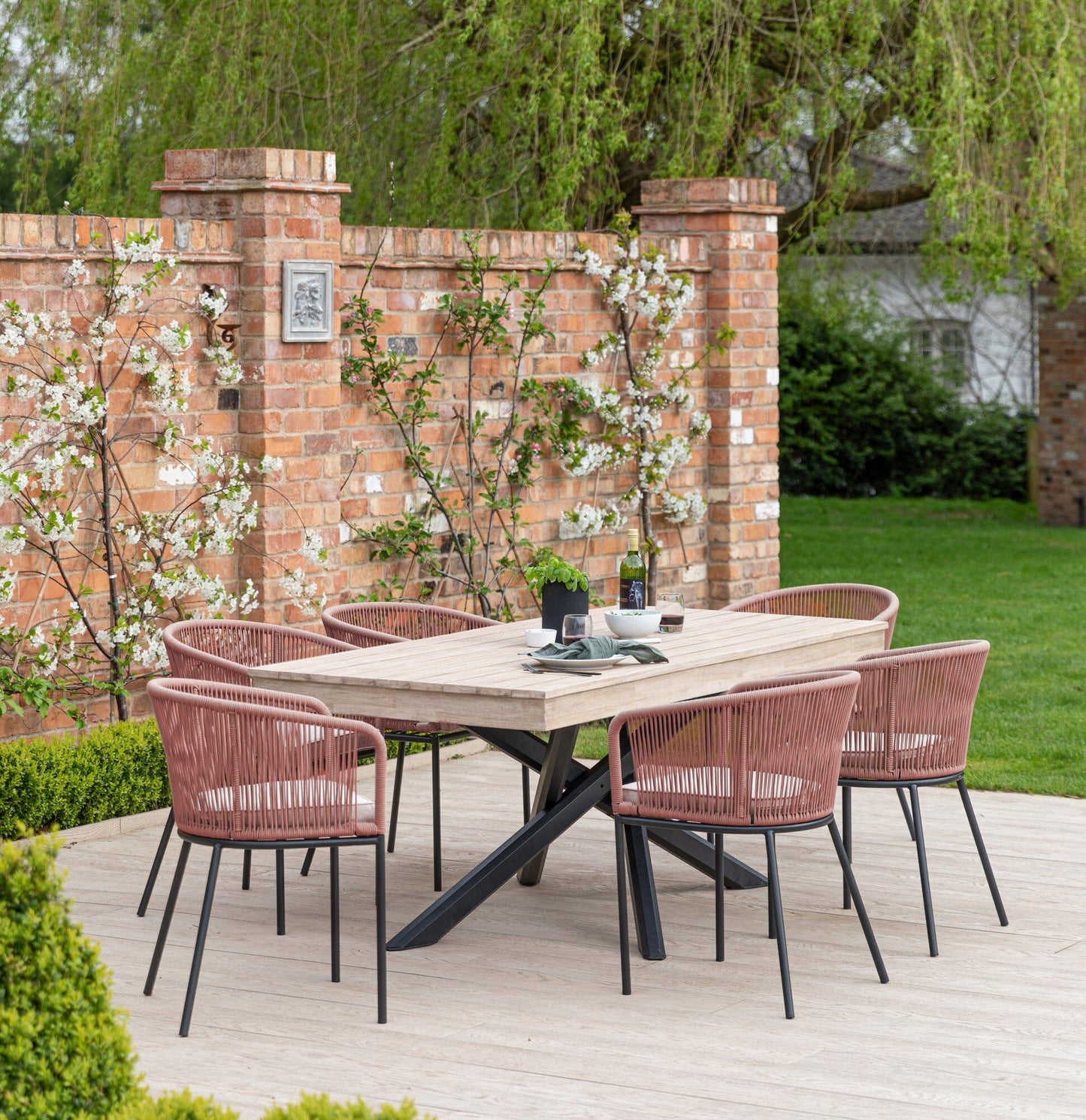 Amelia 6 Seater Whitewash Wood Black Legs Garden Dining Set - Hali Pink Chairs - Laura James