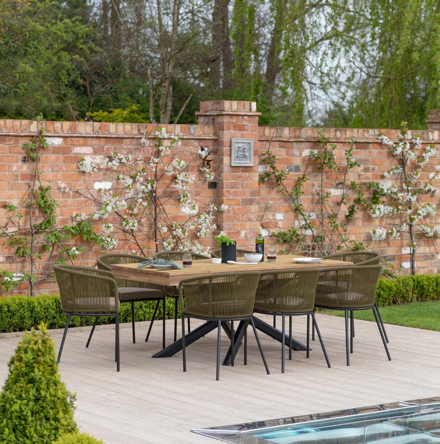 Amelia 8 Seater Natural Wood Black Legs Garden Dining Set - Hali Green Chairs - Laura James