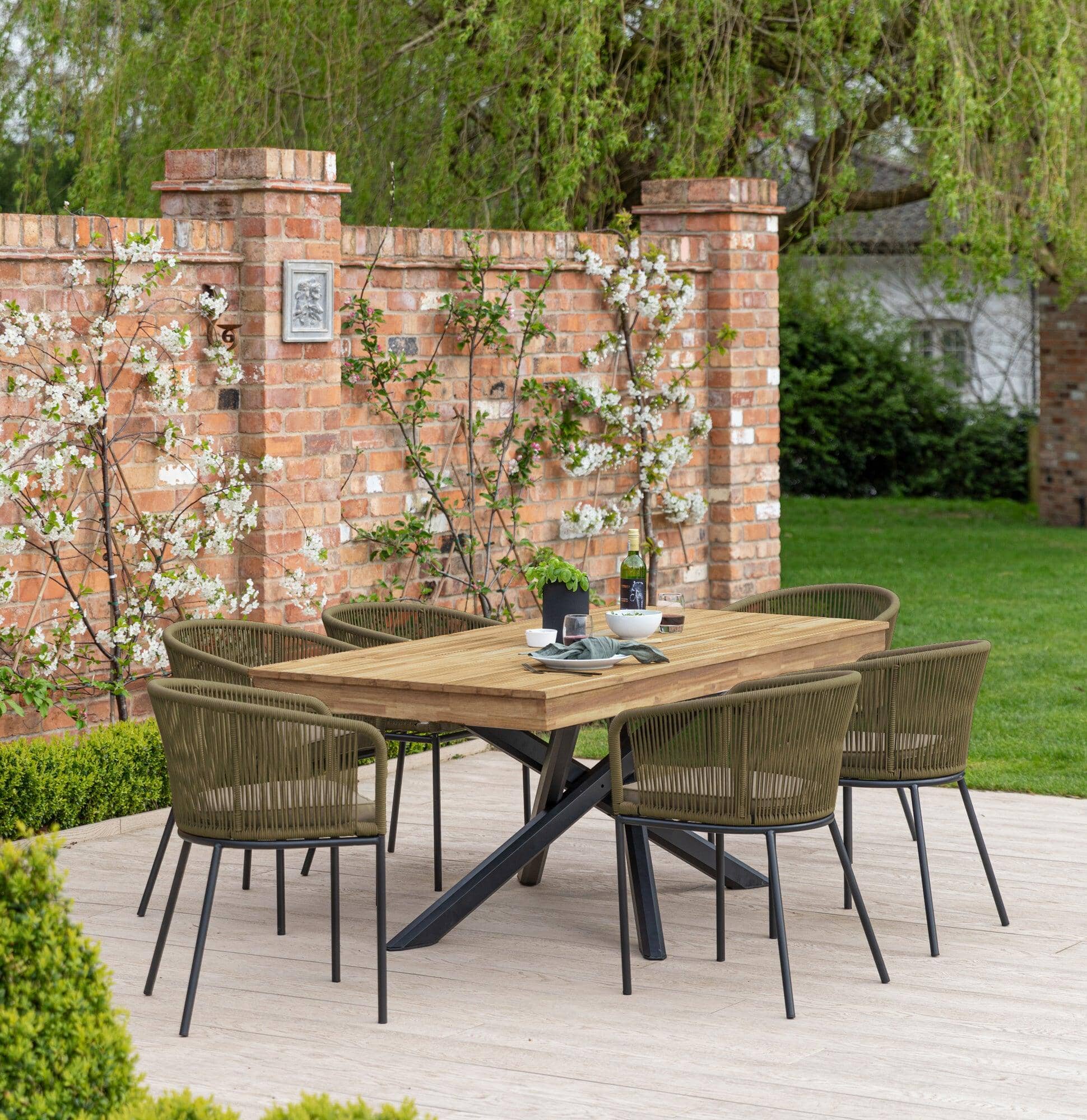 Amelia 8 Seater Natural Wood Black Legs Garden Dining Set - Hali Green Chairs - Laura James