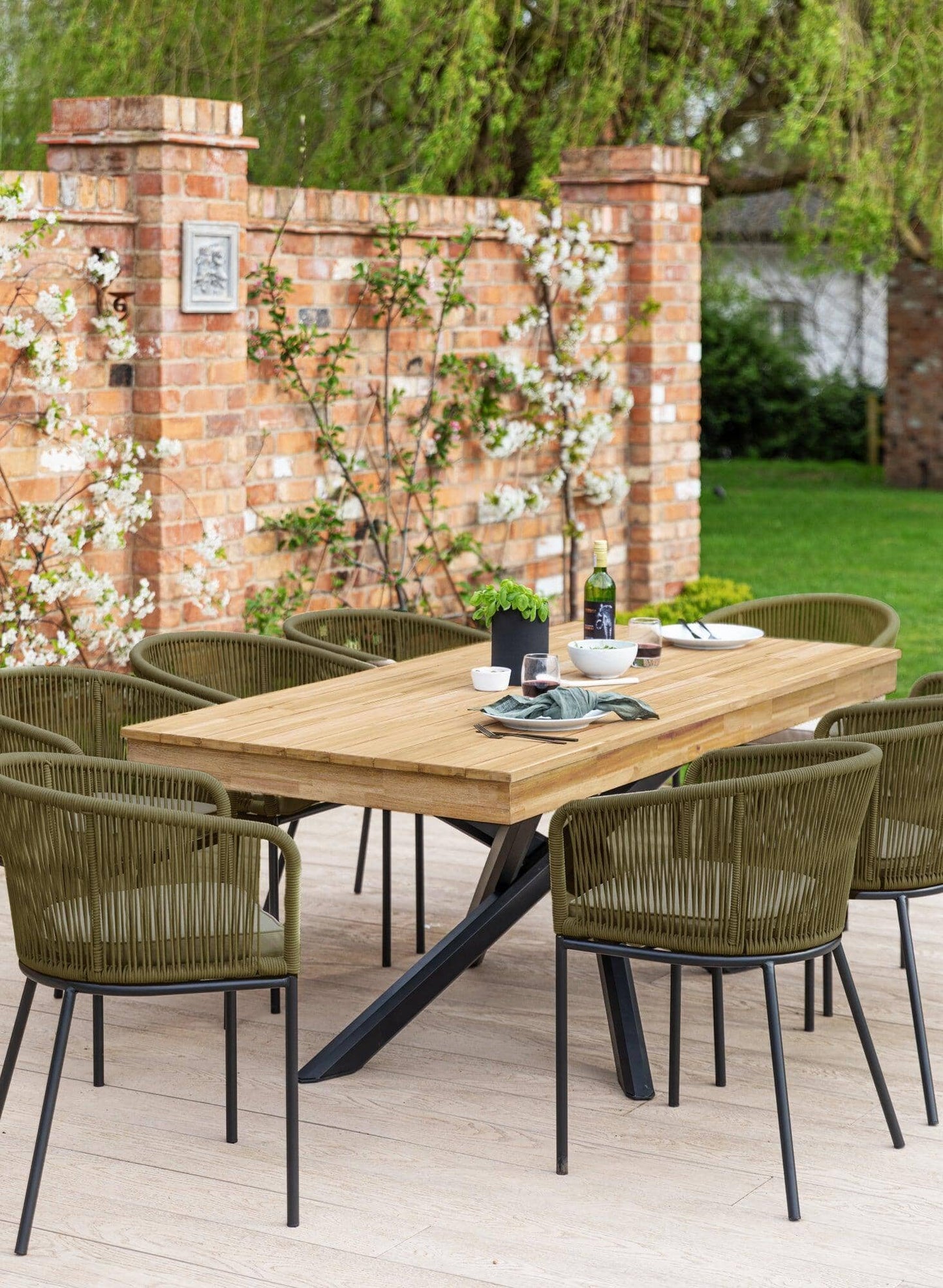 Amelia 8 Seater Natural Wood Black Legs Garden Dining Set - Hali Green Chairs - Laura James