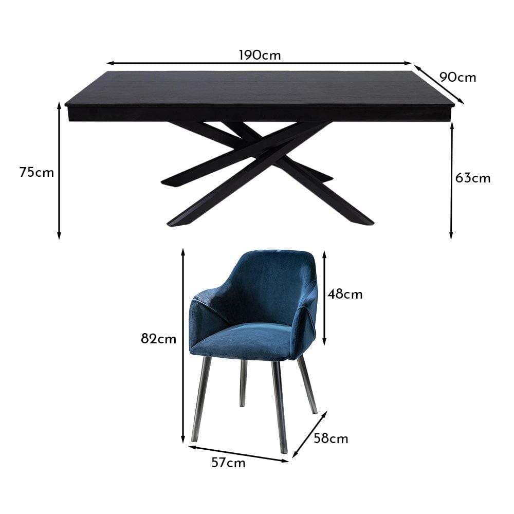 Amelia Black Dining Table Set - 6 Seater - Freya Blue Carver Chairs With Black Legs - Laura James