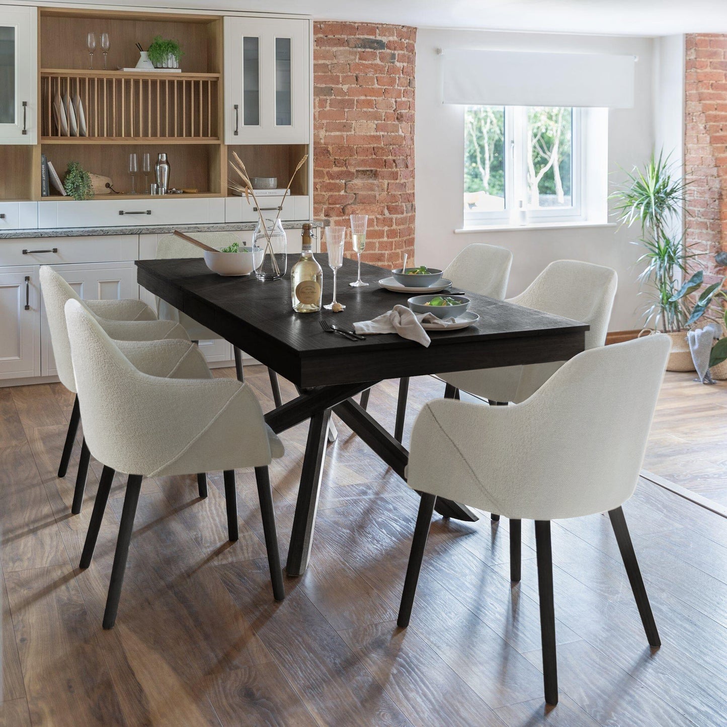 Amelia Black Dining Table Set - 6 Seater - Freya Boucle Carver Chairs with Black Legs