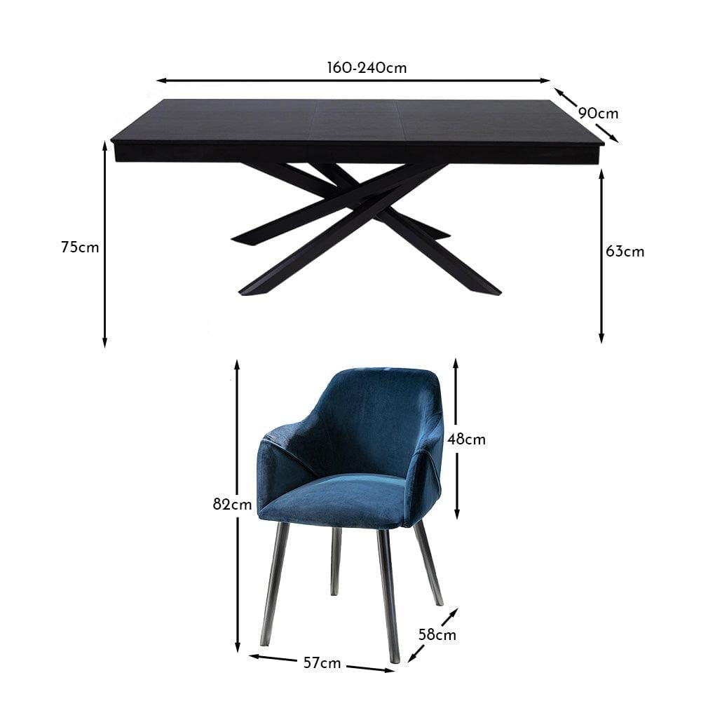 Amelia Black Extendable Dining Table Set - 6 Seater - Freya Blue Carver Chairs With Black Legs - Laura James