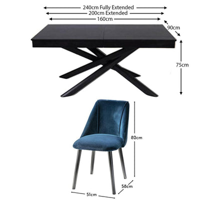 Amelia Black Extendable Dining Table Set - 6 Seater - Freya Blue Dining Chairs With Black Legs - Laura James