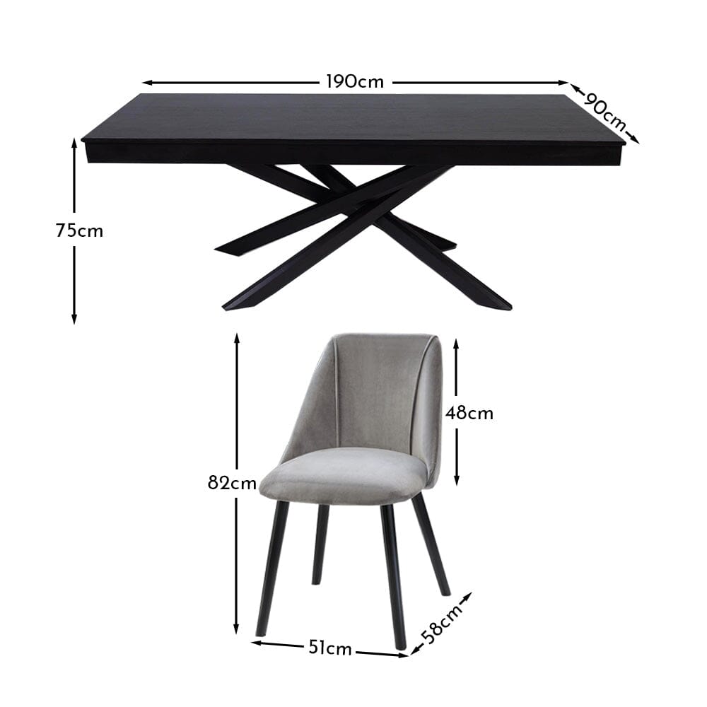 Amelia Black Dining Table Set - 6 Seater - Freya Grey Dining Chairs - Black Legs