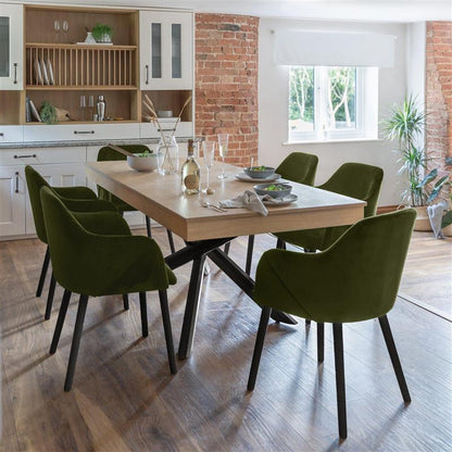 Amelia Whitewash Dining Table Set - 6 Seater - Freya Fern Green Carver Chairs with Black Legs