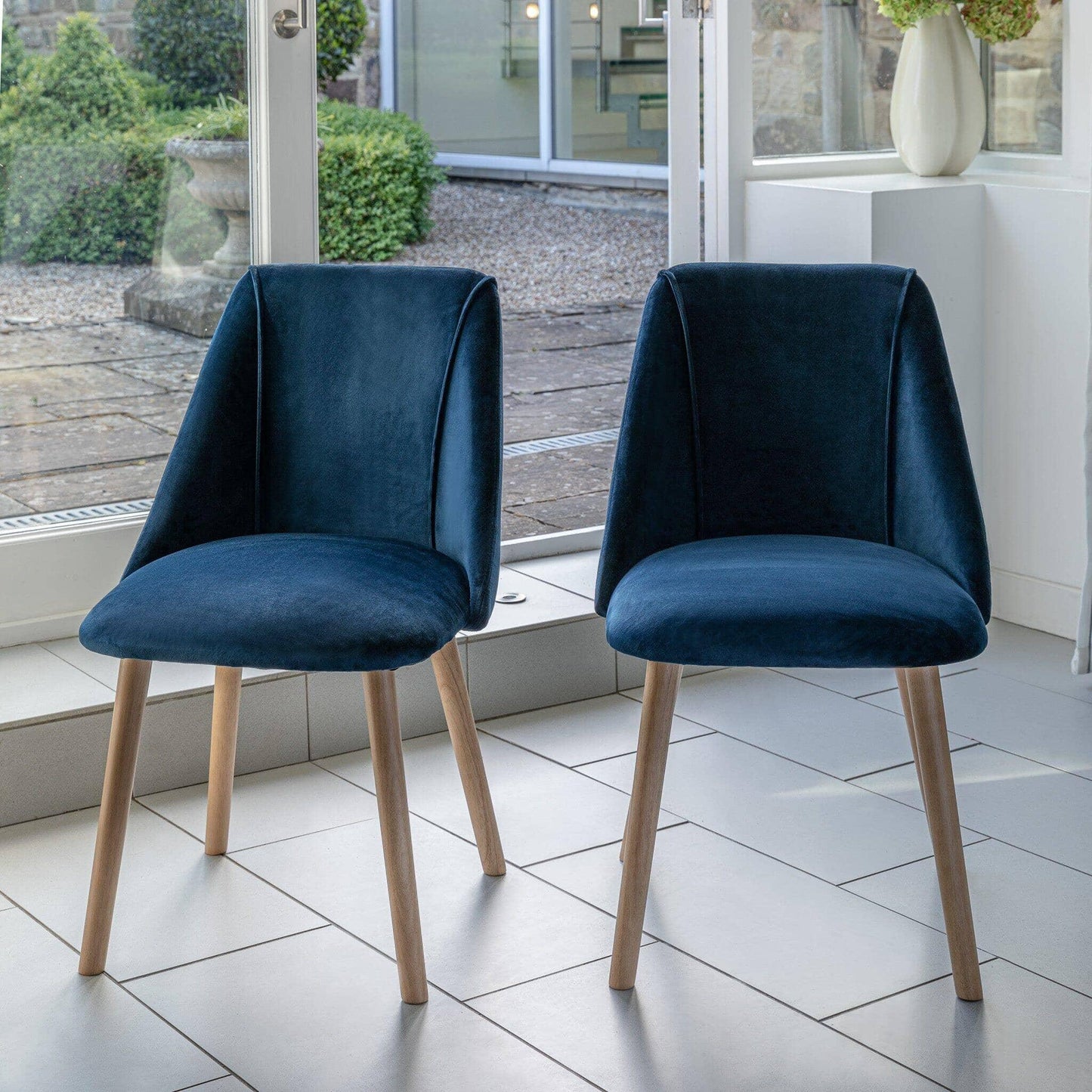 Amelia Whitewash Dining Table Set - 6 Seater - Freya Blue Dining Chairs with Pale Oak Legs - Laura James