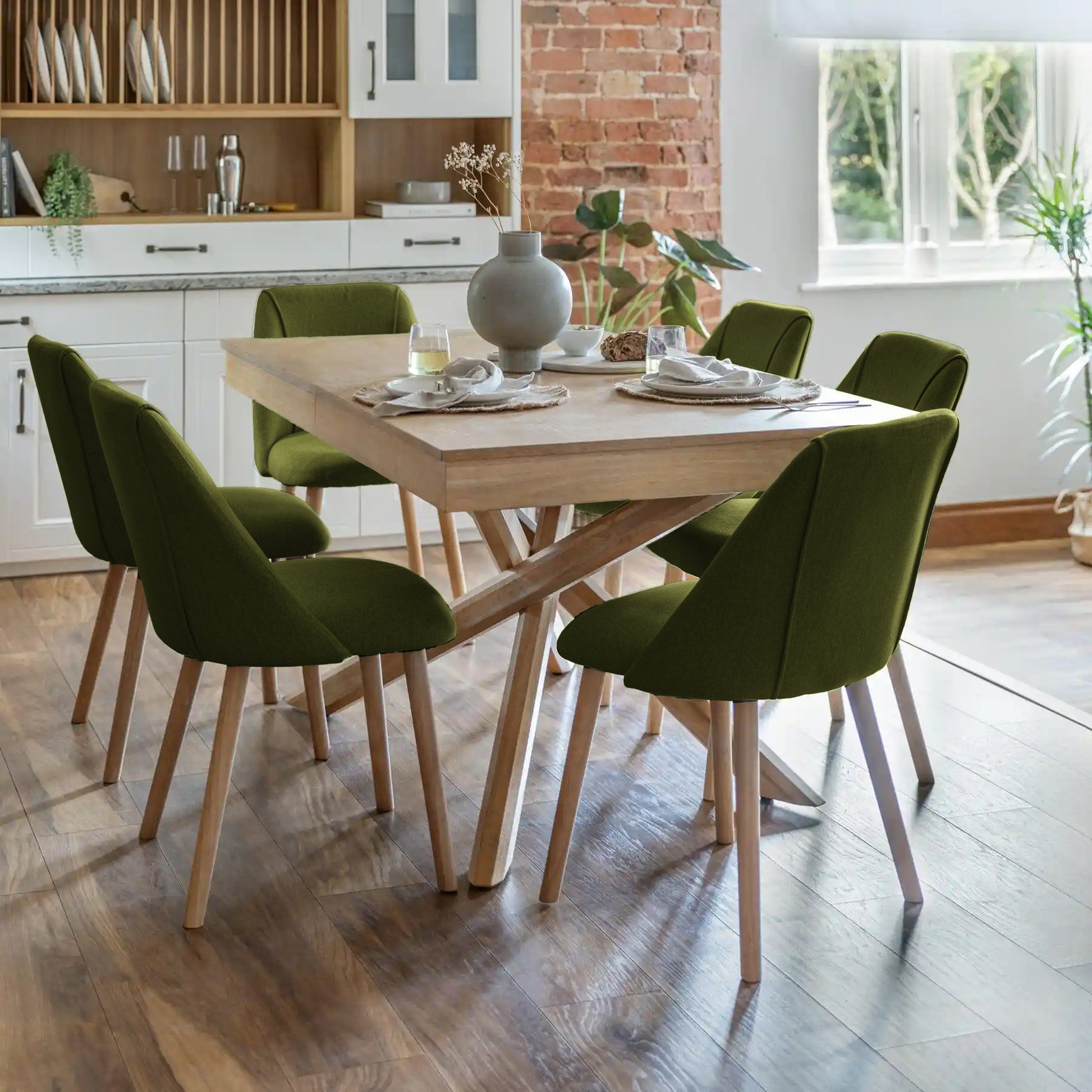 Amelia Whitewash Dining Table Set - 6 Seater - Freya Fern Green Dining Chairs with Whitewash Legs