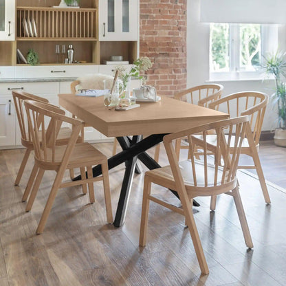 Amelia Pale Oak Dining Table Set with Black Legs - 6 Seater - Mabel Pale Oak Spindle Back Chairs