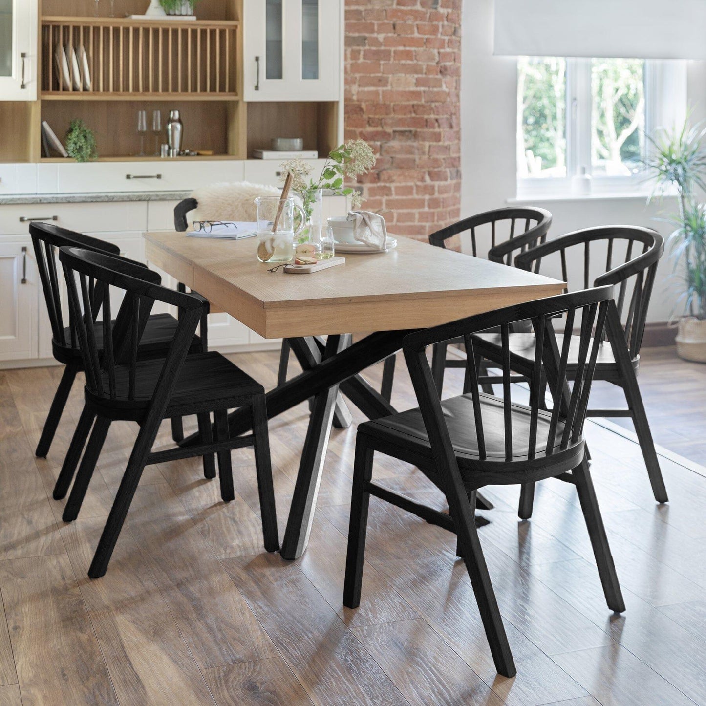 Amelia Whitewash Extendable Dining Table Set - 6 Seater - Black Spindle Back Chairs - Black Legs