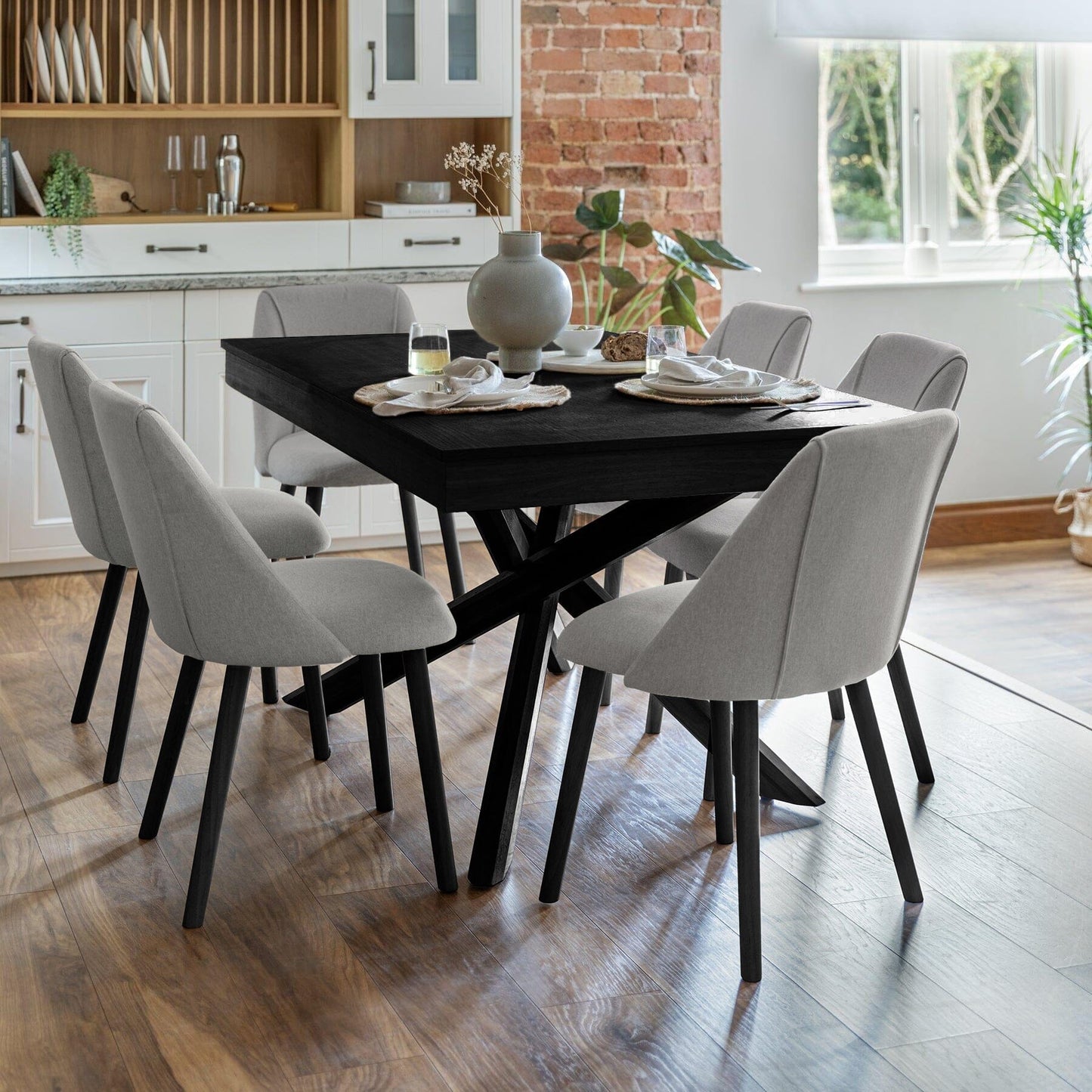 Amelia Black Extendable Dining Table Set - 6 Seater - Freya Fossil Dining Chairs - Black Legs