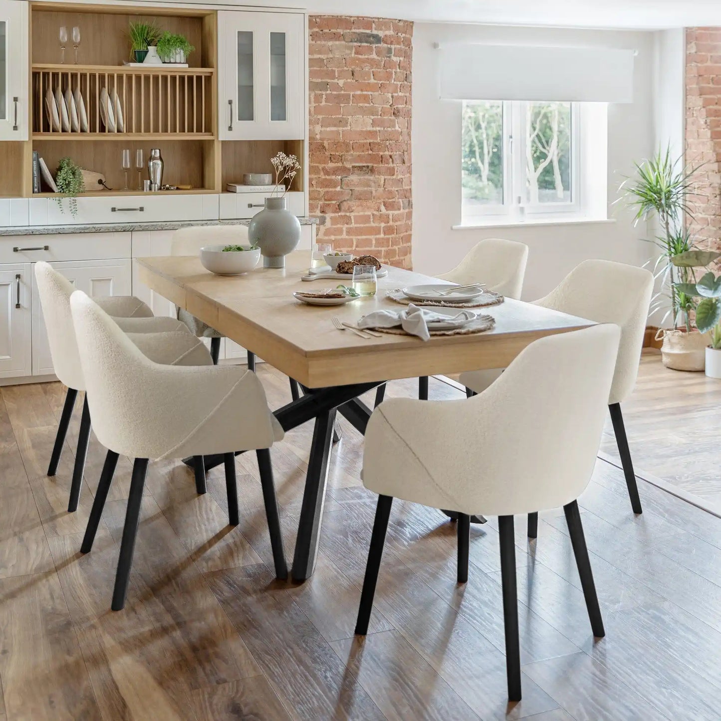 Amelia Whitewash Dining Table Set - 6 Seater - Freya Boucle Carver Chairs with Black Legs