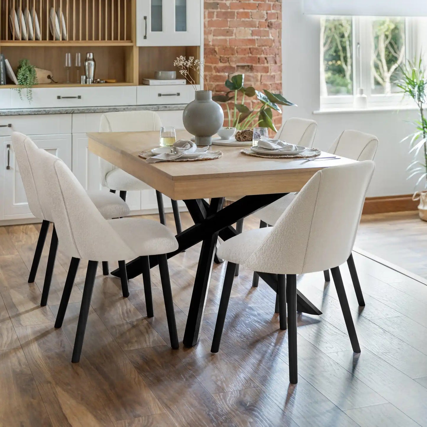 Amelia Whitewash Wooden Dining Table Set - 6 Freya Boucle Dining Chairs with Black Legs - Laura James 