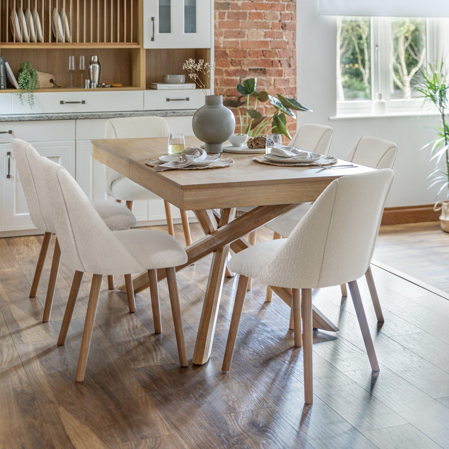 Amelia Whitewash Extendable Dining Table Set - 6 Seater - Freya Boucle Dining Chairs - Whitewash Legs