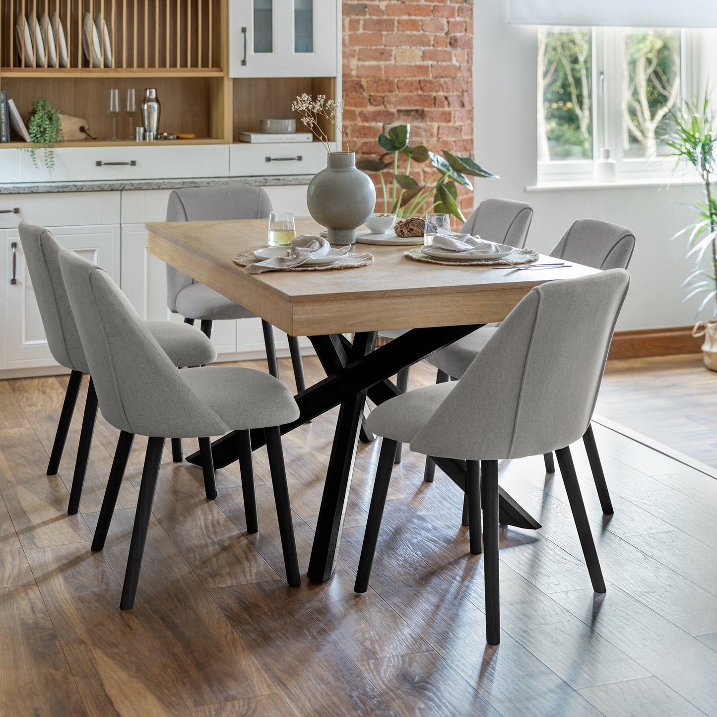 Amelia Whitewash Wooden Dining Table Set - 6 Freya Fossil Twill Dining Chairs with Black Legs - Laura James 