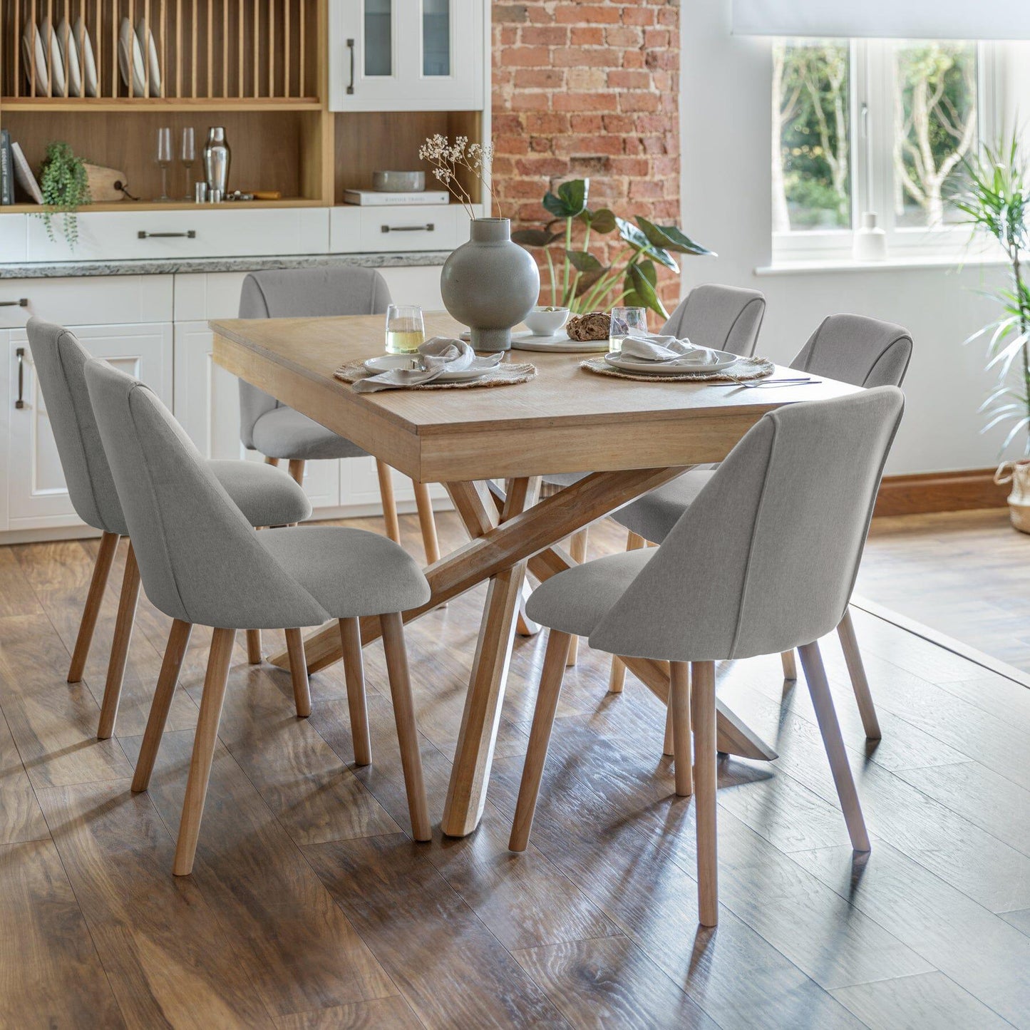 Amelia Whitewash Wooden Dining Table Set - 6 Fossil Dining Chairs   - Laura James 