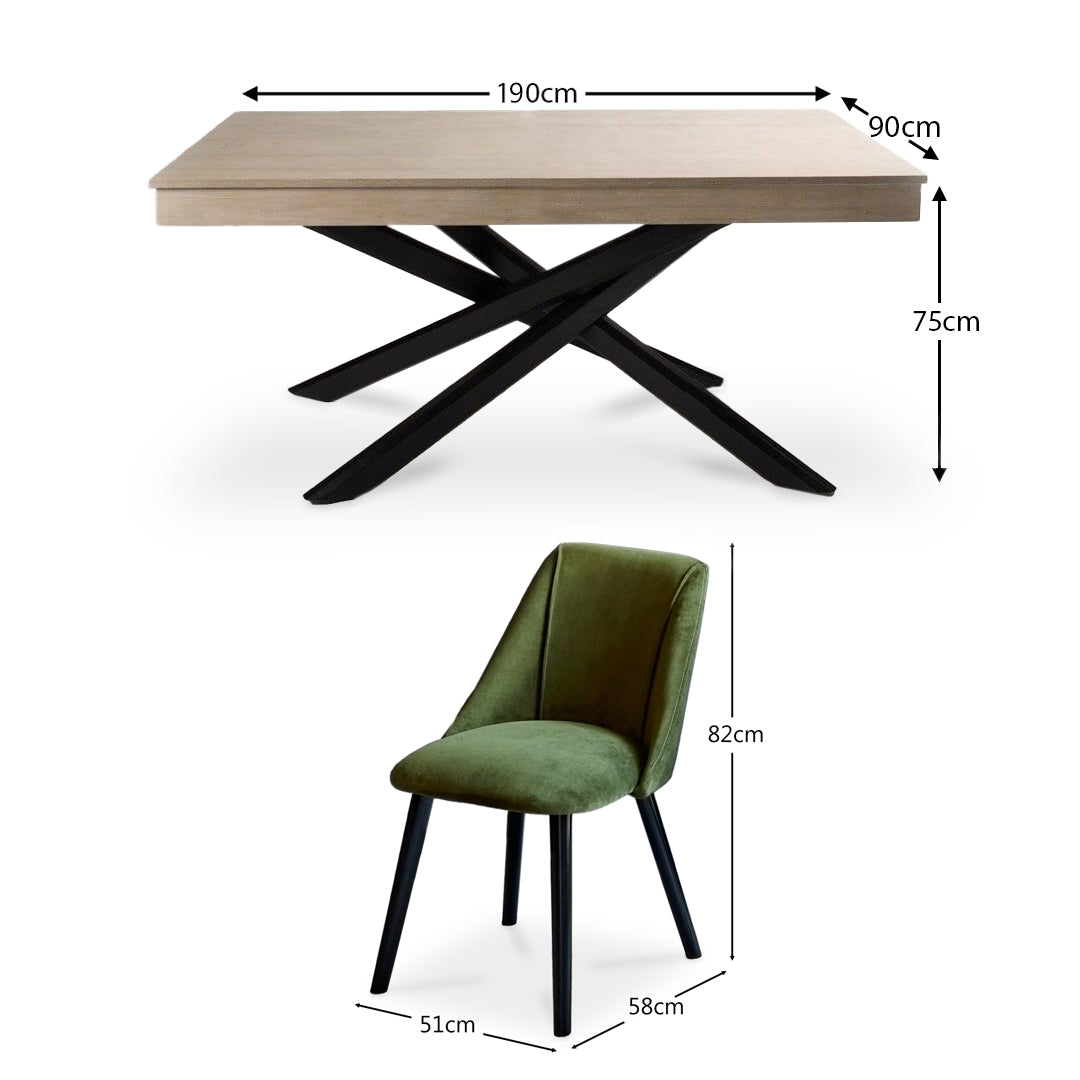 Amelia Whitewash Dining Table Set - 6 Seater - Freya Fern Green Dining Chairs with Black Legs - Laura James