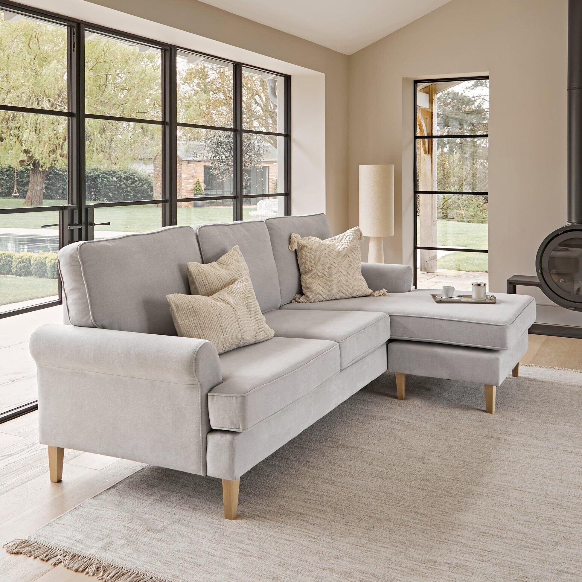 Annabelle corner sofa with chaise Cloud Grey with Pale Oak Legs - Laura James