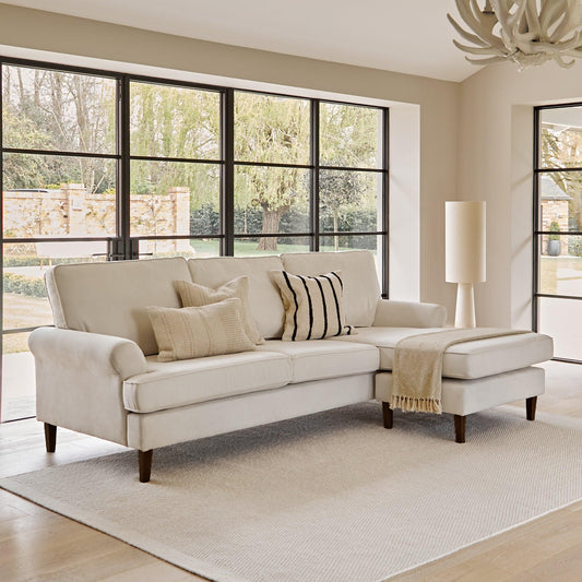 Annabelle corner sofa with chaise Natural Ivory with Dark Oak Legs - Laura James