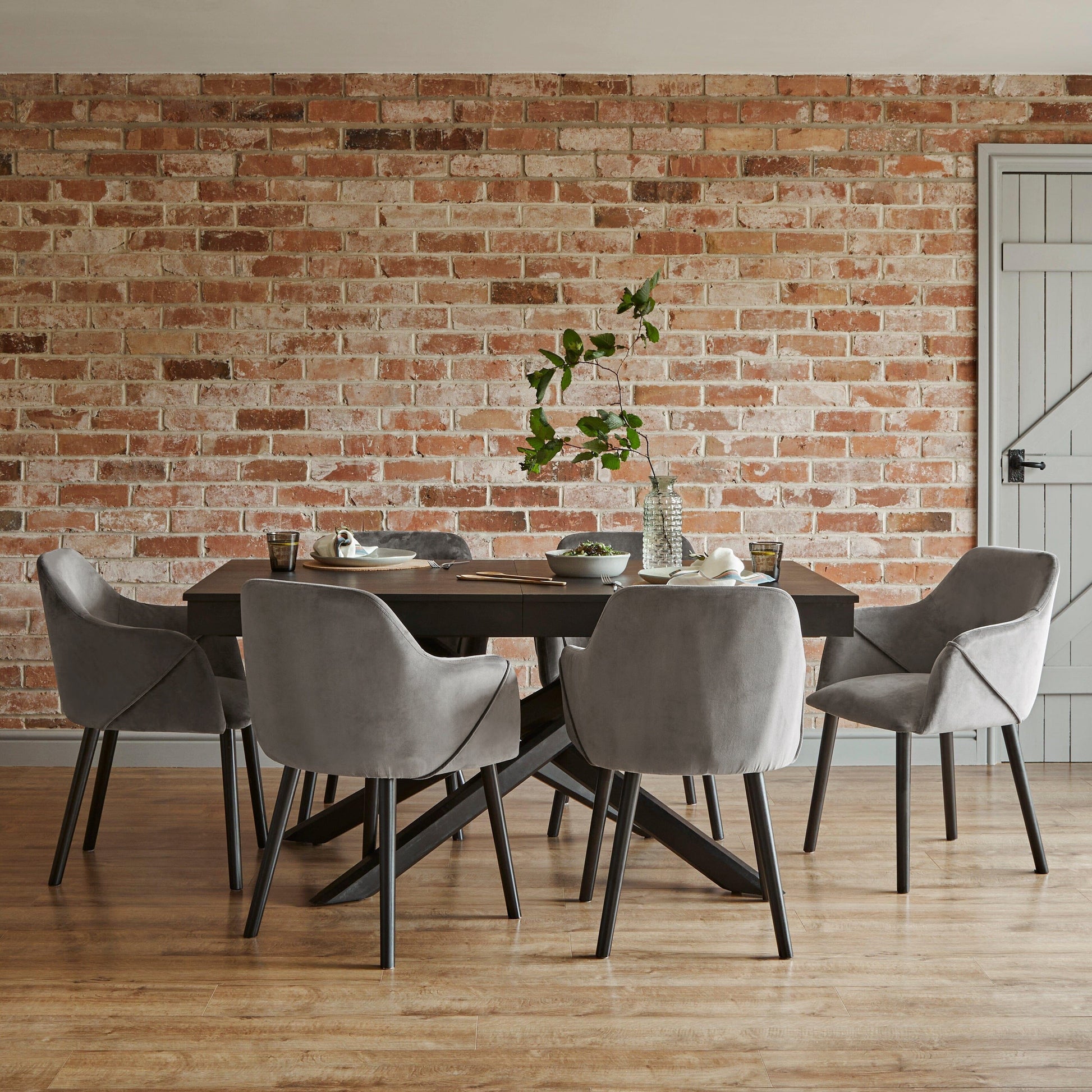 Amelia Black Extendable Dining Table Set - 6 Seater - Freya Grey Carver Chairs With Black Legs