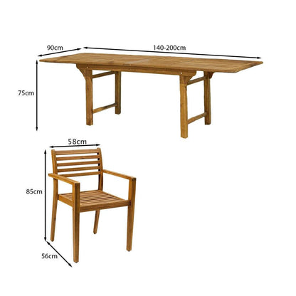 Aspen 6 Seater Wooden Garden Dining Set with Grey LED Premium Parasol  - 140cm to 200cm