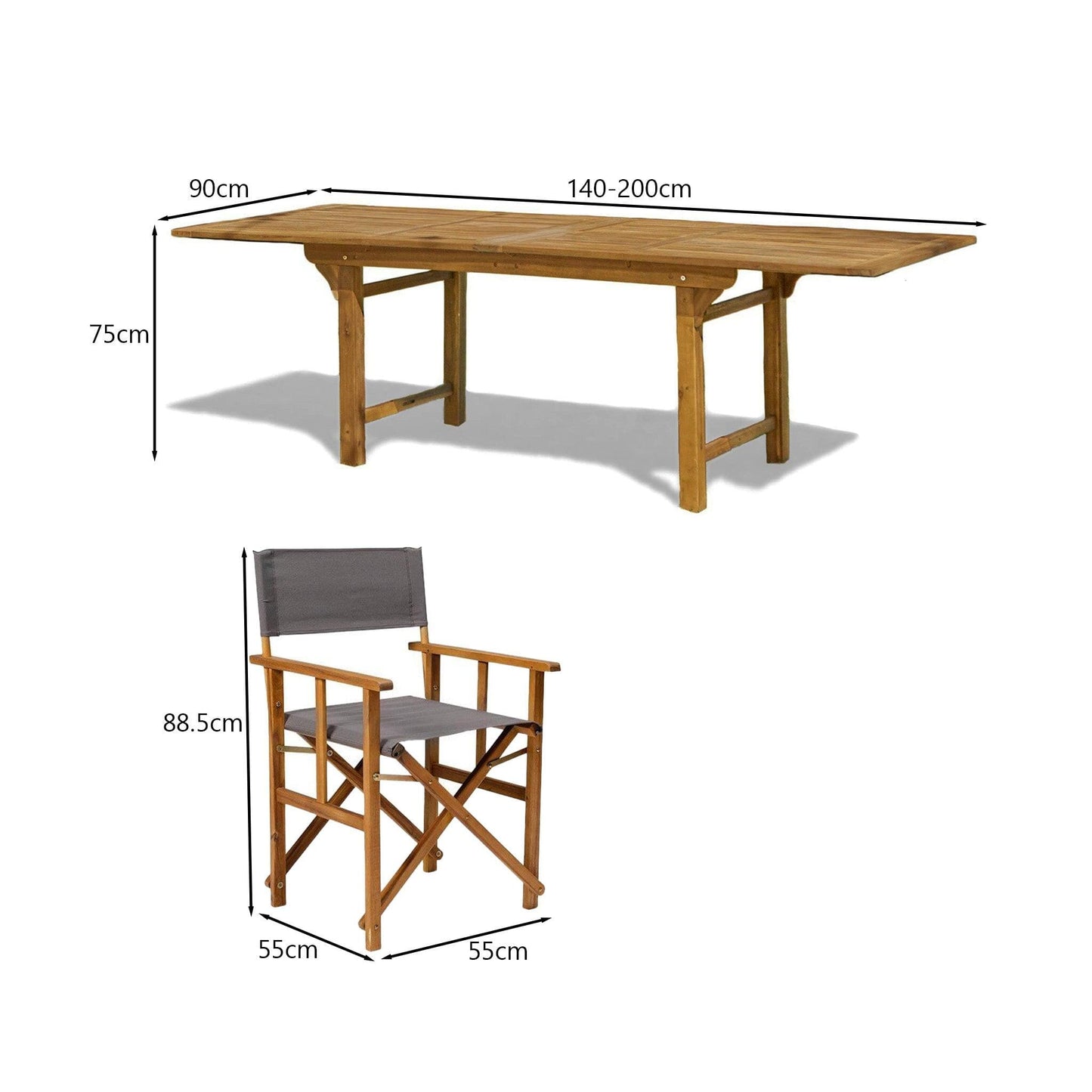 Aspen 4 Seater Wooden Garden Dining Set with 4 Cameron Directors Chairs - 140 - 200cm