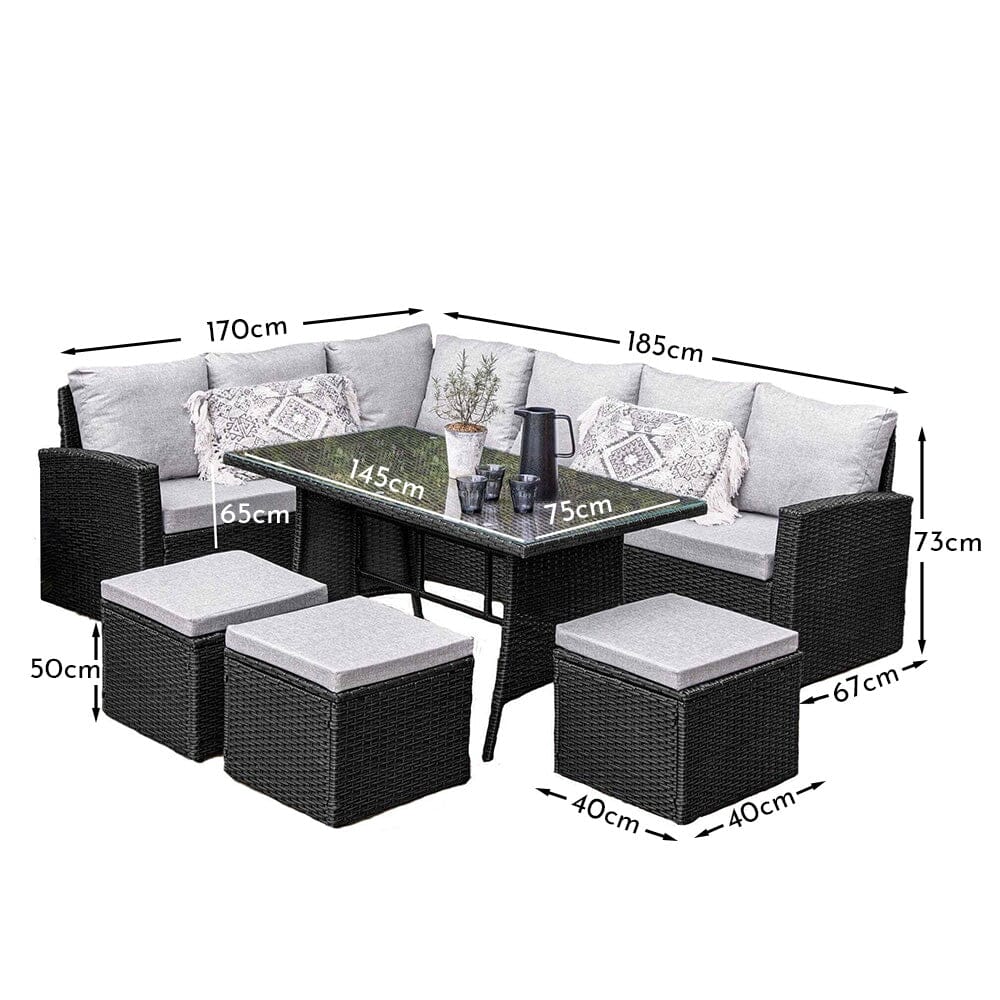 Aston 9 Seater Rattan Garden Corner Sofa Set with with Grey LED Premium Cantilever Parasol - Polywood Top - Black