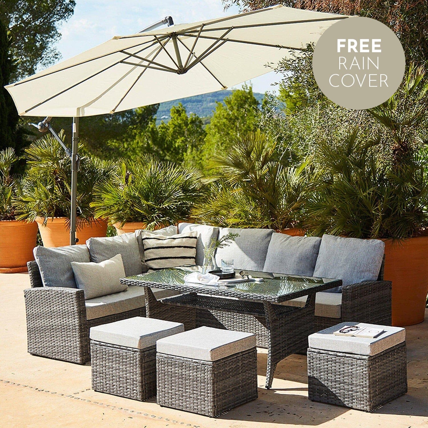 Aston 9 Seater Rattan Corner Sofa Set with Cream Lean Over Parasol - G ...