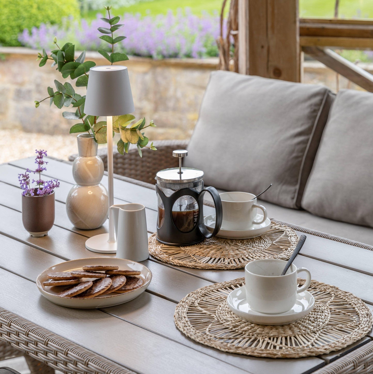 Aston 9 Seater Rattan Corner Sofa Set with Grey Lean Over Parasol with Polywood Table Top - Natural Brown